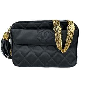 CHANEL Shoulder Bag Satin Leather Black Gold Women's Free Shipping z8933